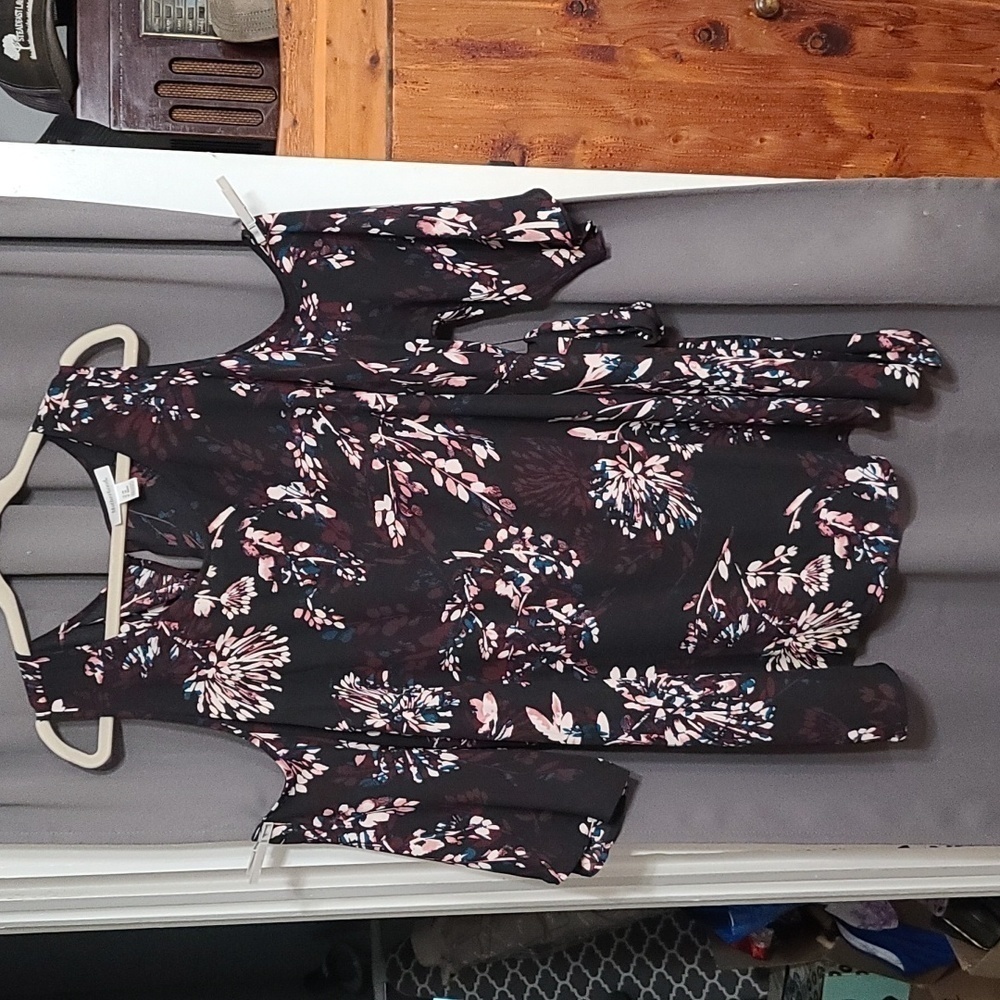 Motherhood Maternity Black Floral Dress W/Belt Cold Shoulder Semi-sheer 3X EUC
